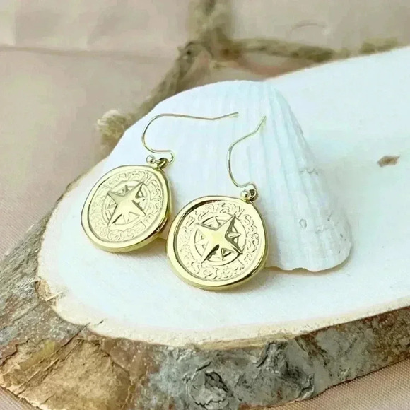 umbrellalaboratory Jewelry - Compass gold coin earrings, nautical north star jewelry